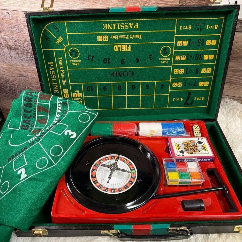 Vintage Casino Game Set/Case Roulette Craps Poker Chips Cards Baccarat Flawed